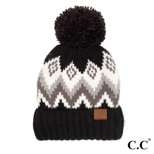 Black Knit Aztec Chevron Beanie with Pom Pom