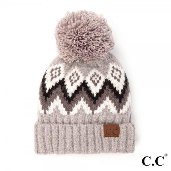 Gray Knit Aztec Chevron Beanie with Pom Pom