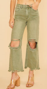 Relaxed destressed olive jeans