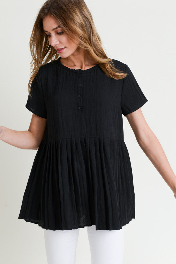 Short Sleeve Pleated Peplum Top with Side Pocket - Harp & Sole Boutique