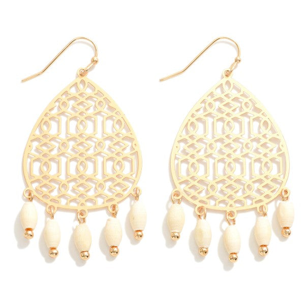 Gold Geo Drop Earrings with Wooden Beads