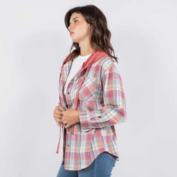 Lightweight Plaid Shacket With Hood