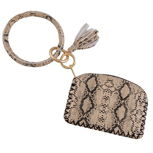 Faux Leather Beige Snakeskin Tassel Keyring Wristlet Pouch - Harp & Sole Boutique