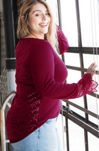 Load image into Gallery viewer, Burgundy Sequin Knit Top with Lace Sleeve Cuffs - Medium Avail.