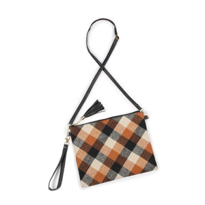 Camel & Black Plaid Crossbody Clutch Bag