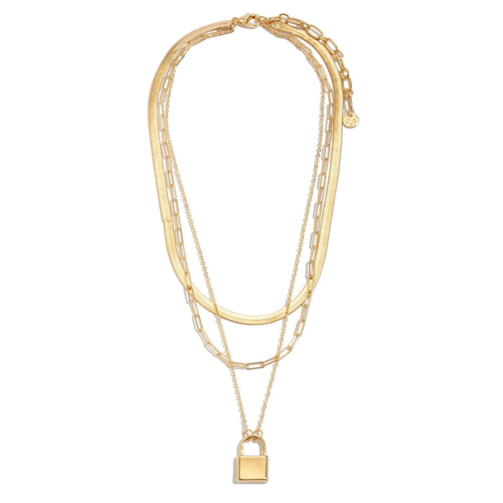 Chain Link Layered Herringbone Lock Necklace in Gold