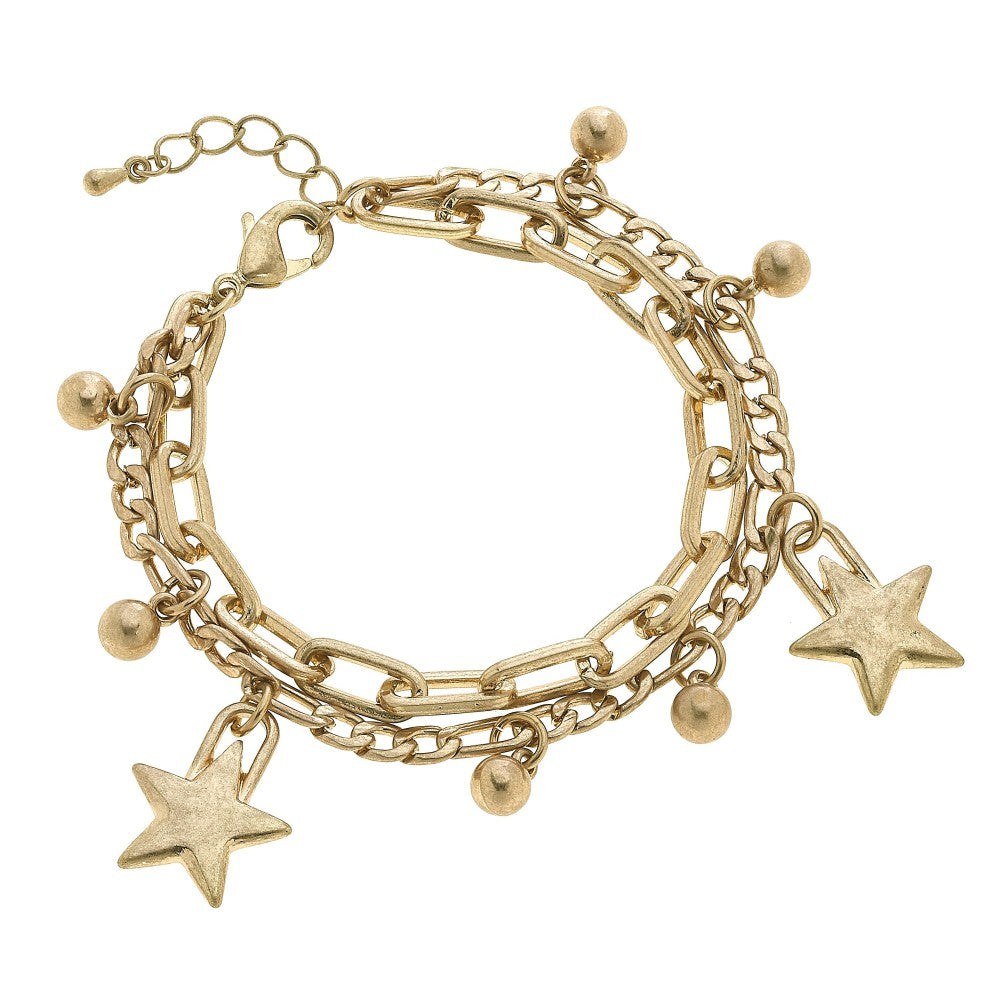 Chain Link Layered Star Charm Bracelet in Worn Gold