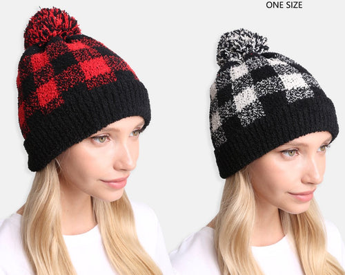 Comfy Luxe Buffalo Check Hat with Pom Pom