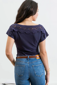 Navy Lace Boatneck Top - Small Available