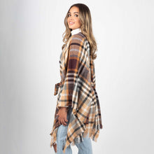 Load image into Gallery viewer, Plum &amp; Camel Plaid Kimono Wrap with Belt