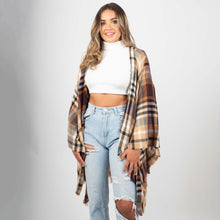 Load image into Gallery viewer, Plum &amp; Camel Plaid Kimono Wrap with Belt