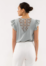 Load image into Gallery viewer, Sage Floral Lace Back Woven Top