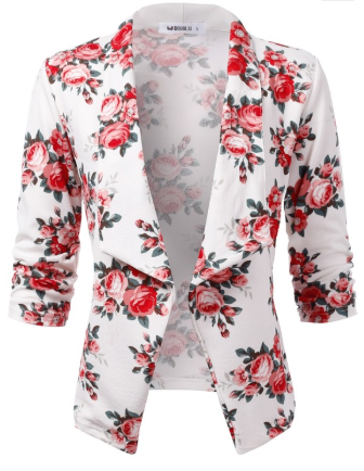 White and Rose Floral 3/4 Sleeve Open Front Blazer - Harp & Sole Boutique